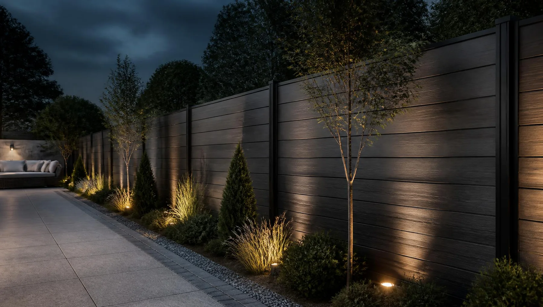Verlichte tuin met donkere schutting
